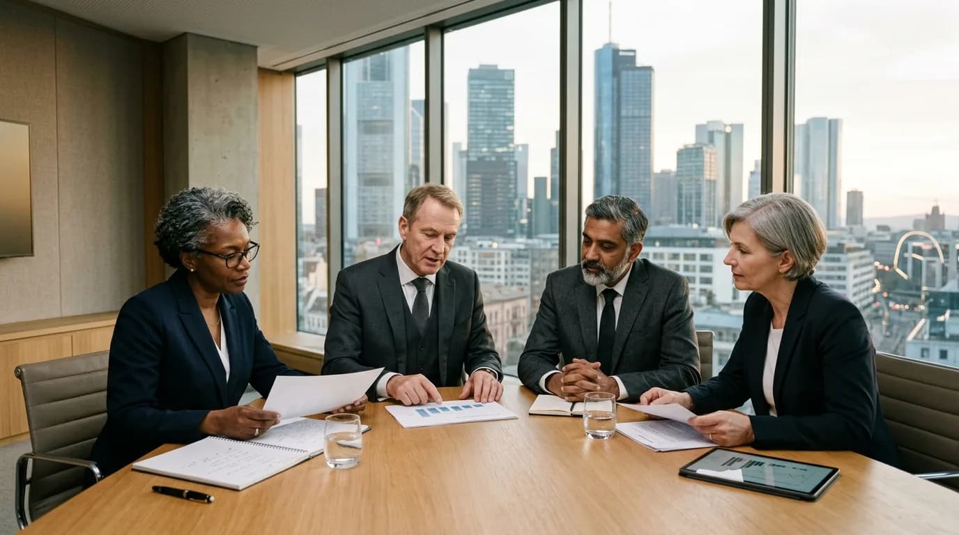 Corporate executives and directors in strategic board meeting reviewing confidential plans